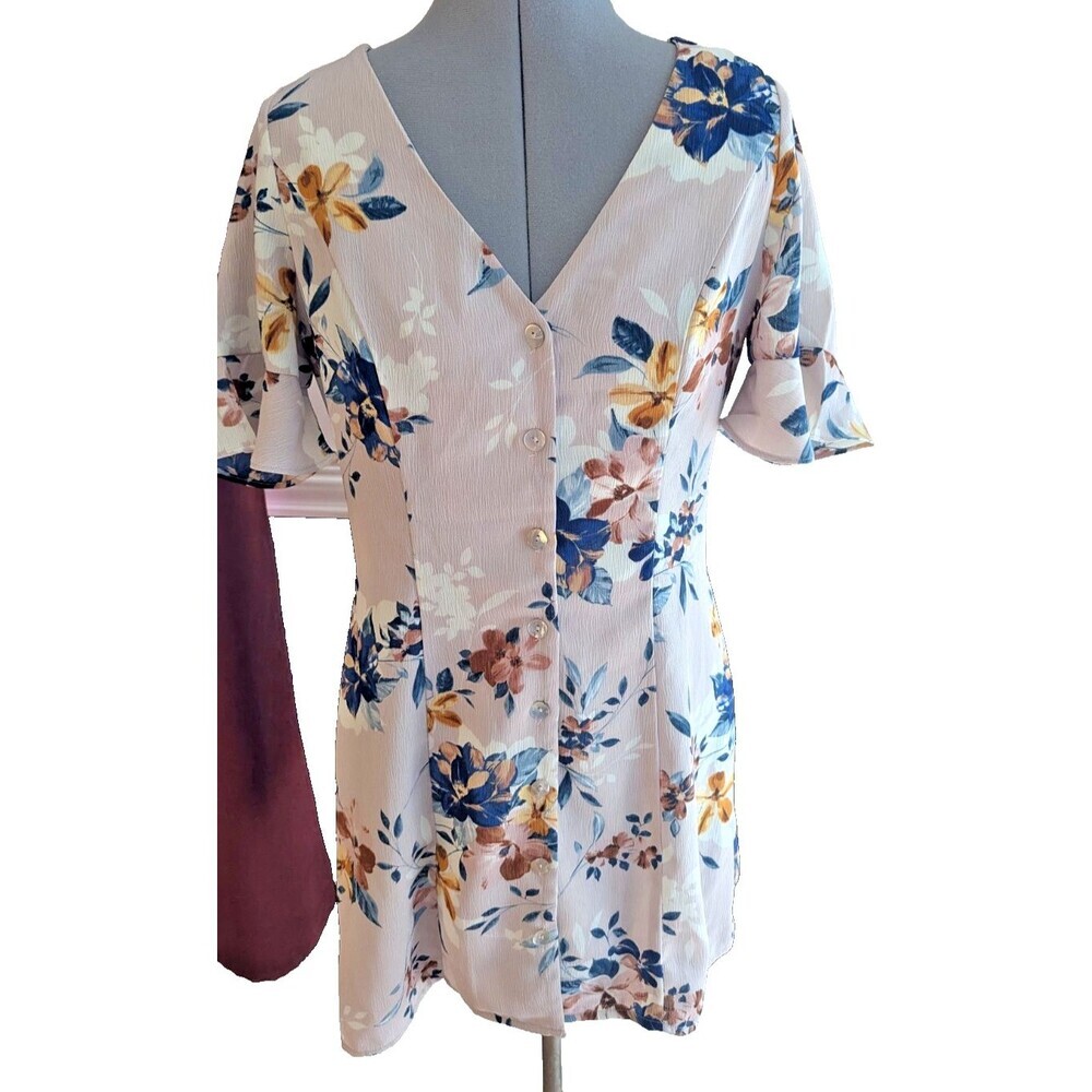 Anthropologie Floral V-Neck Mini Dress - Blue, Brown, Cream